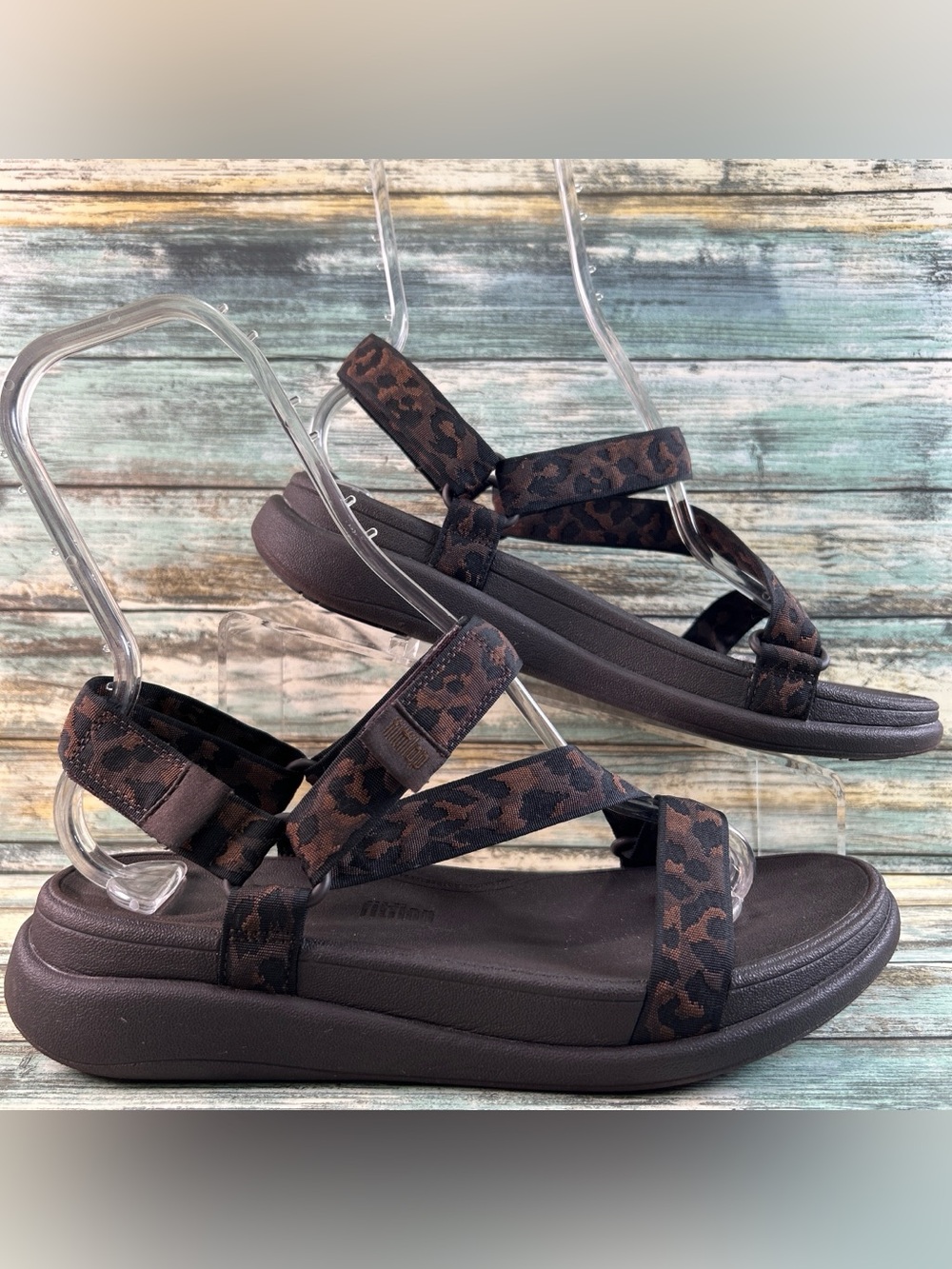FitFlop F-Mode Go Z Strap Sandals Womens Size 9 Brown Black Leopard Print Wedge